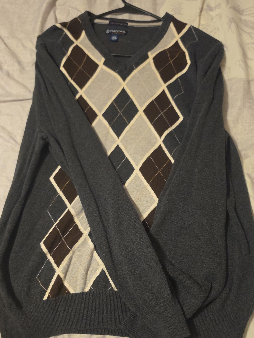 Stafford Men's Charcoal V-Neck Argyle Sweater with Cream and Brown